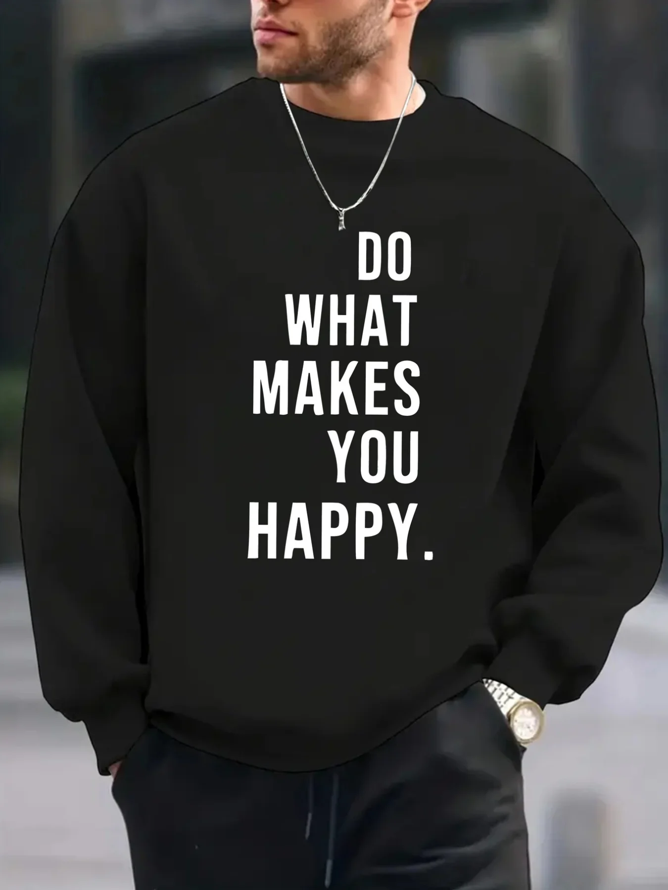 

Мужская вдохновляющая толстовка с круглым вырезом с принтом «Do What Makes You Happy» — черно-белая Casua