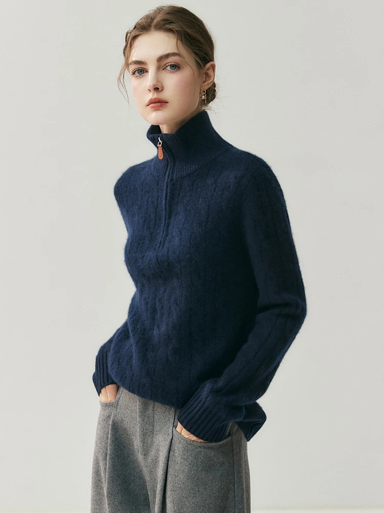 Turtle Neck Half-Zip 100% Cashmere Pullover Sweater Soild Twist Flower Loose Casual Autumn Winter Knit Coat Light Luxury Fashion