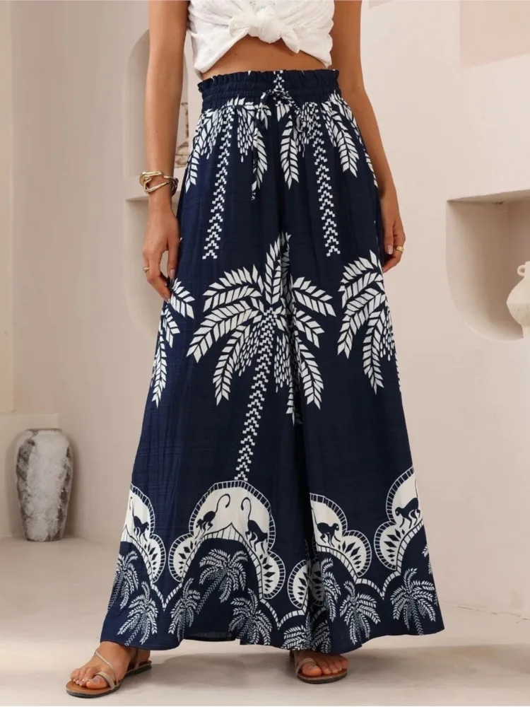 2026 Pant Women Wide Leg Long Pants Print Floral Elastic Waist Straight Trousers Y2k Streetwear Elegant Maxi Capris Loose Summer
