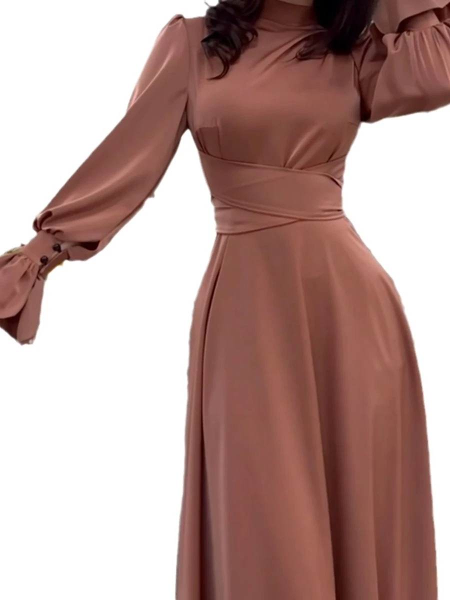 فستان نسائي أنيق من الساتان بأكمام طويلة وخصر مربوط بفيونكة أنيقة وخصر عالي للتنقل ملابس الخريف والمناسبات الأخرى