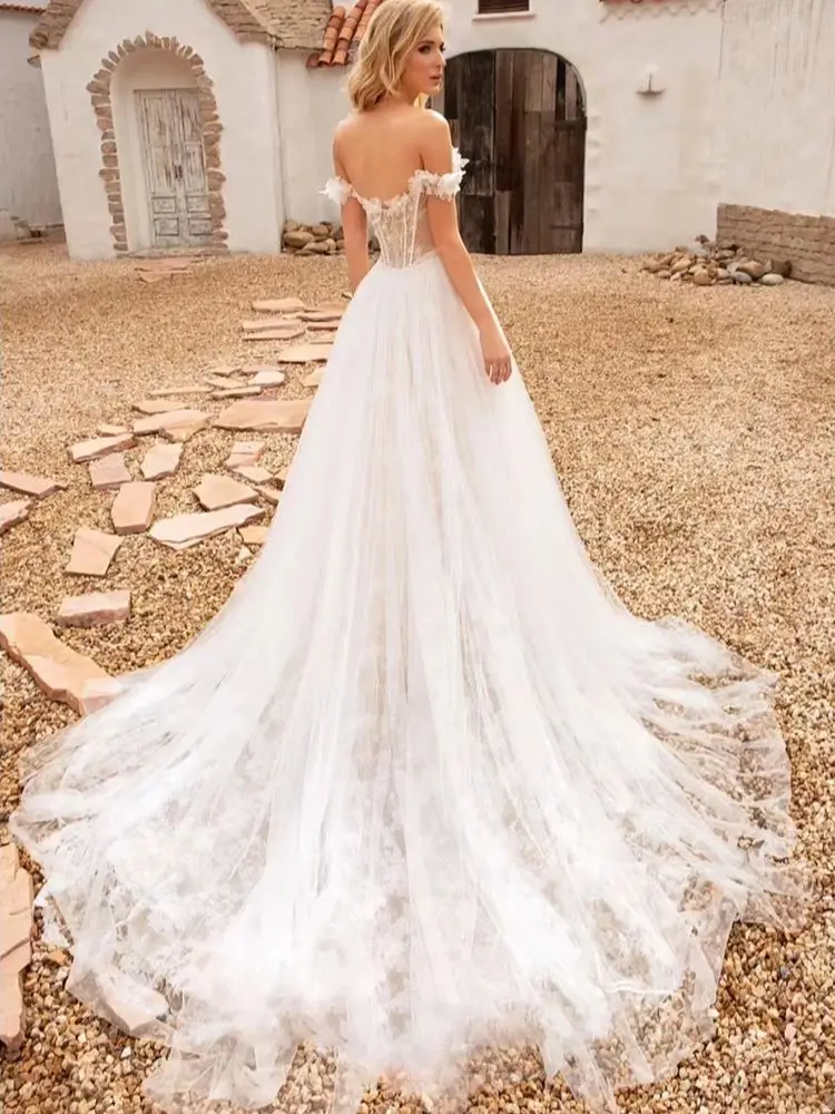 2285 #   Personalizado fora do ombro a linha 3d flores vestido de casamento de renda com apliques de lantejoulas vestido de noiva para mulher feito sob encomenda