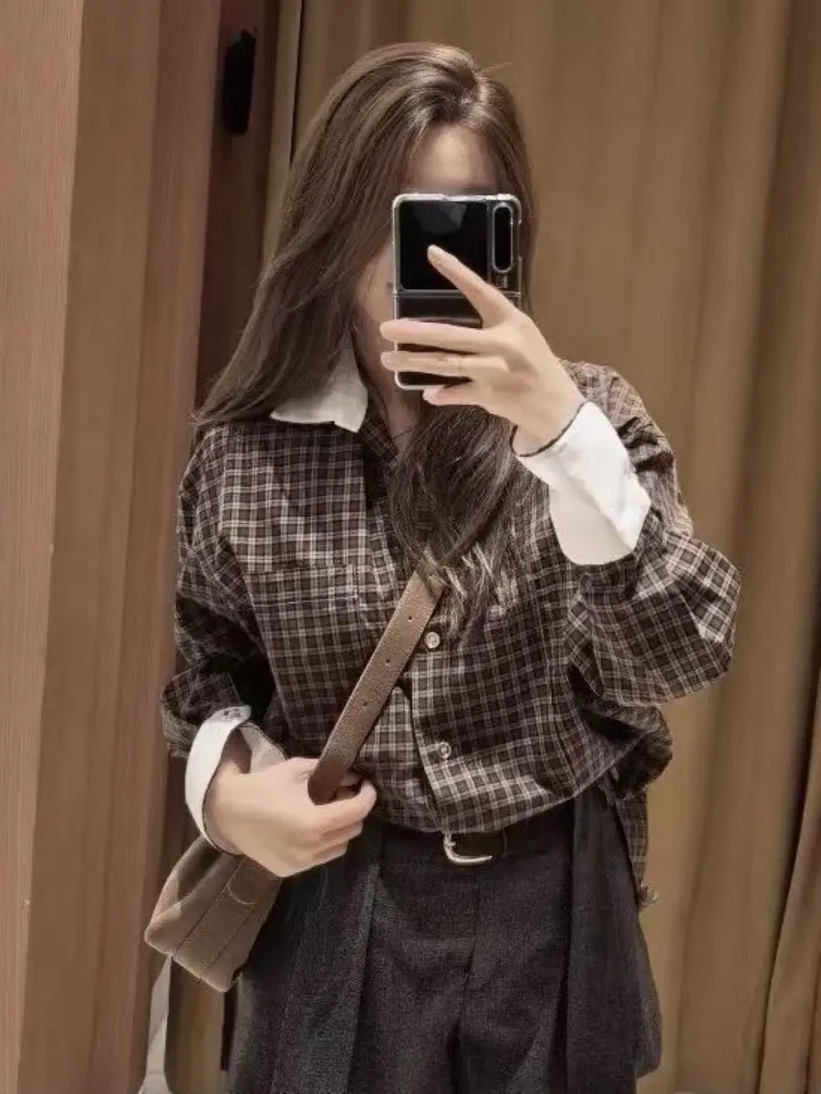 

Women Plaid Blouse Top Color Patchwork Long Sleeve Turn-down Collar Single Breasted Loose Vintage Shirt
