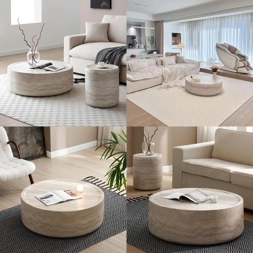 

Round Glass Coffee Table with Concrete Marble Texture, 31.5 Diameter, 11.8 High, No Assembly Required