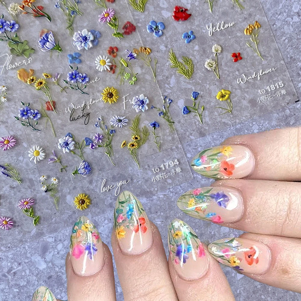 

1Pcs Elegant Dried Flowers Nail Sticker 5D Wildflowers Daisy Floral Leaf Nail Decals Self-Adhesive Blossom Manicure Sticker Deco
