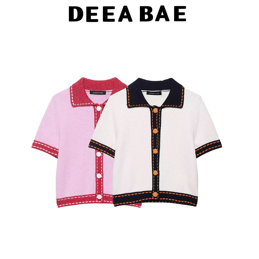 

DEEABAE 2025 Women's Summer New Product Threaded Decoration Flip Collar Short Sleeve Knitted Coat