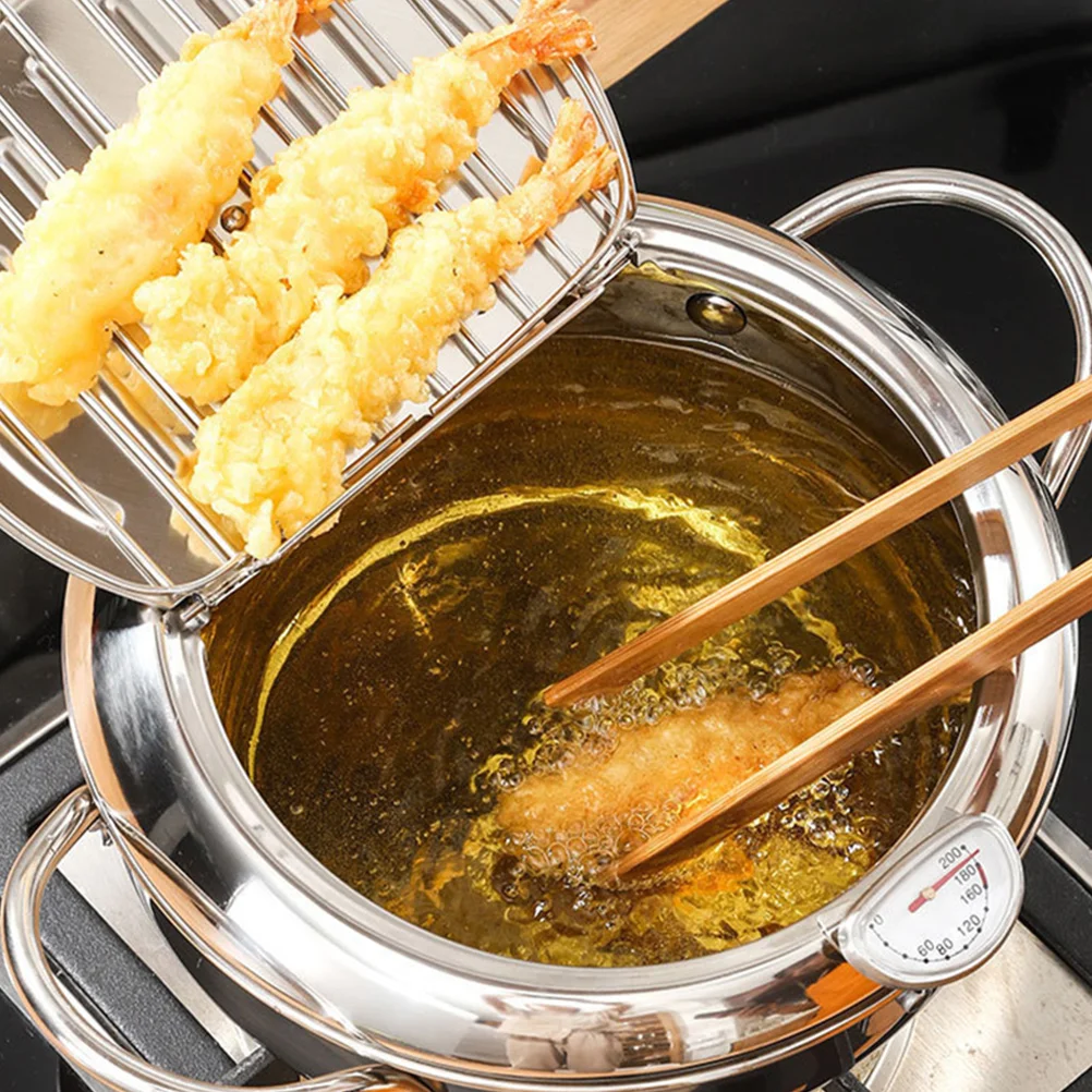 

Mini Deep Fryer 304 Stainless Steel Silver French Fries Chicken Wings Filter Reuse Oil Thermometer Japanese Cookware