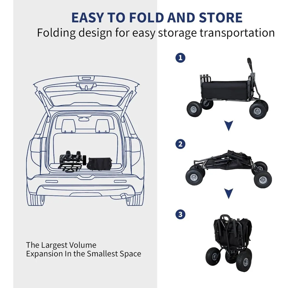 عربة شاطئ قابلة للطي لجميع التضاريس مع عجلات مقاس 11 بوصة للرمل، عربة حديقة شديدة التحمل مع حامل صنارة الصيد، مثالية للخارج