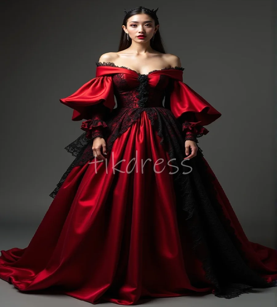 

Steampunk Vampire Costume Prom Dress Black And Red Gothic Evening Dress Halloween Off Shoulder Satin Formal Birthday Customized