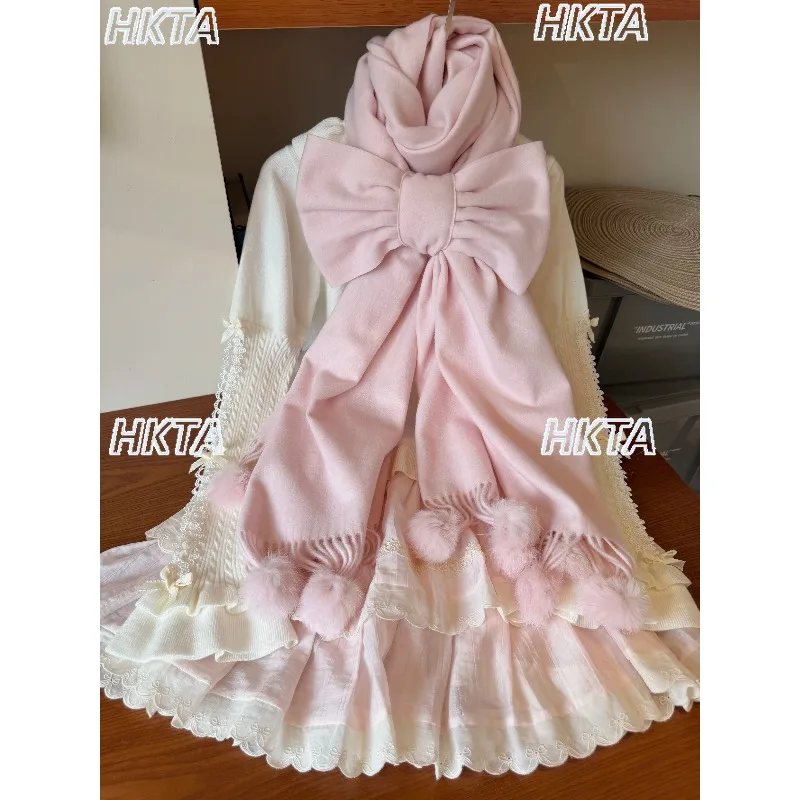 

Длинный шарф с милым бантом в стиле Лолиты, женский 25, осенне-зимний теплый новый милый кавайный универсальный шарф с бахромой, аксессуары для одежды для женщин