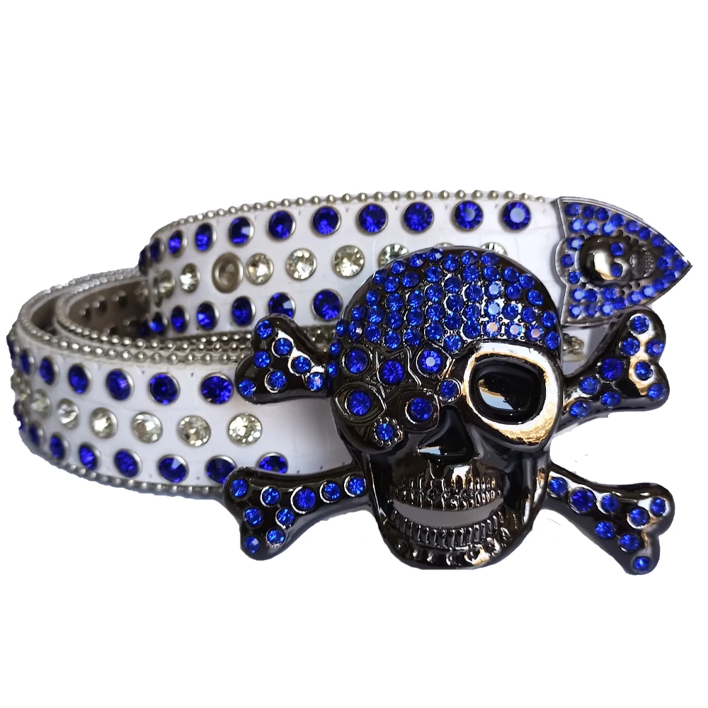 New Punk Western Big Skull Sparkly Men Women Leather Belt Bling Diamond Rhinestone Belt