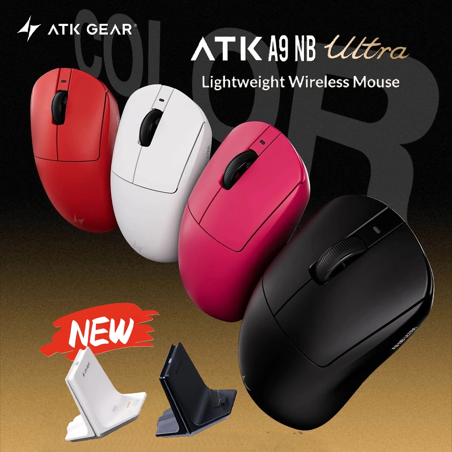 Mouse Gamer ATK Dragonfly A9 NB Ultra Sem Fio para Esports PAW3950Ultra 8KHZ 56g Ultraleve com Estação Base 2-em-1 800mAh para PC