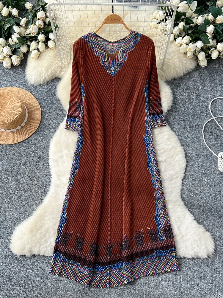 

Плиссированное платье Miyake, новинка лета 2021, плиссированное женское платье средней длины с цветными блоками, модное эластичное женское платье трапециевидной формы с v-образным вырезом