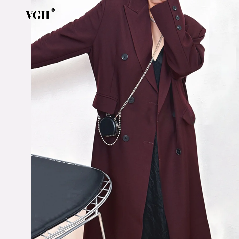 VGH Solid Loose Chic Trench Coat For Women Lapel Long Sleeve High  Spliced Double Breasted Knee Length Windbreaker Female New