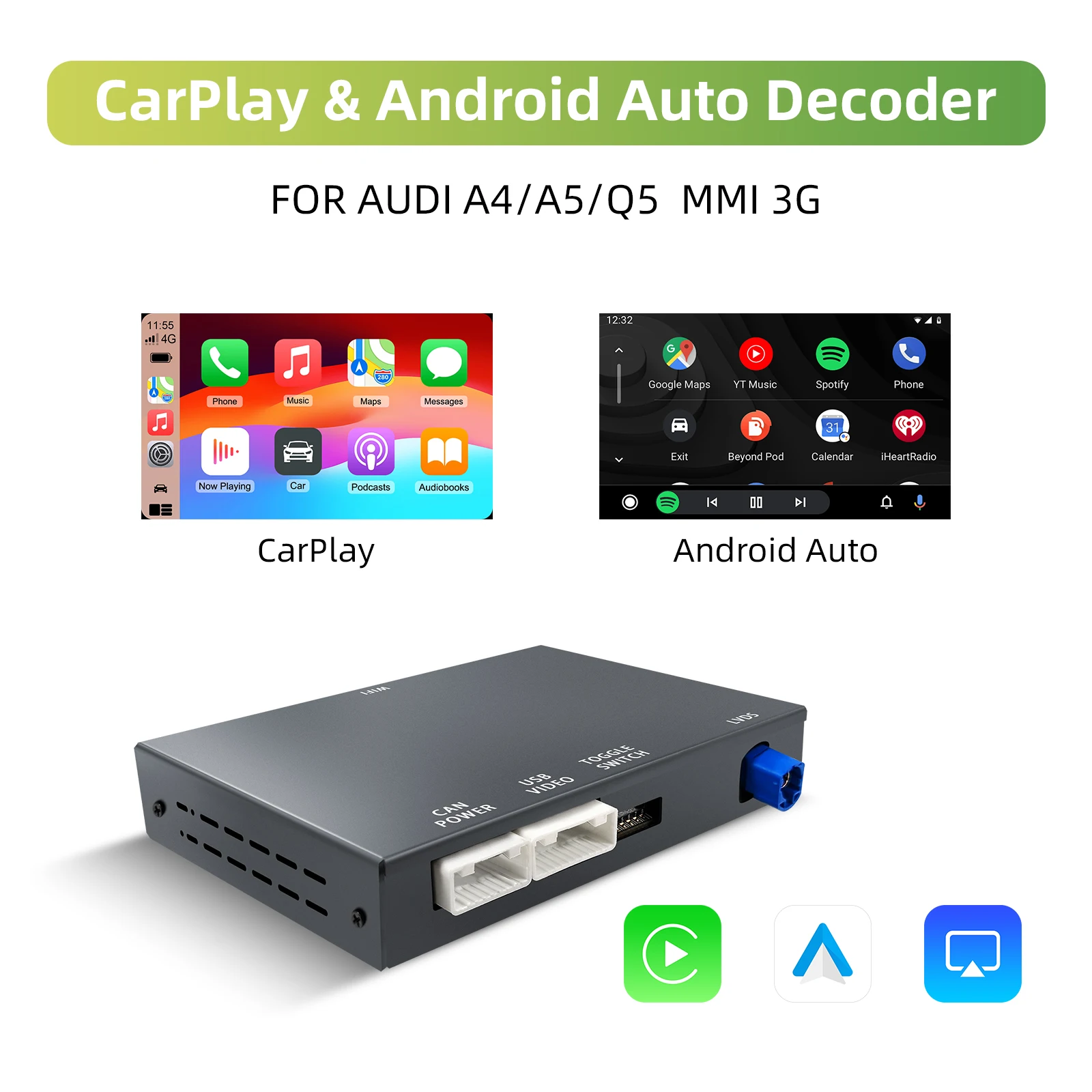 OEM-Bildschirm-Upgrade-Decoder-Box für Audi A4, A5, Q5 2008-2018, 6,5"/7"-Bildschirm, MMI 3G mit CarPlay & Android Auto Nachrüst-Kit