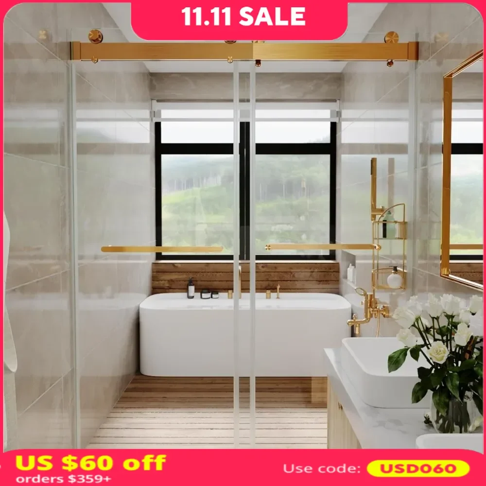 Frameless Shower Door, 56-60“ X 76”, Dual Sliding Soft Close, 3/8” 10mm Tempered SGCC Glass,Width Adjustable,Sliding Shower Door