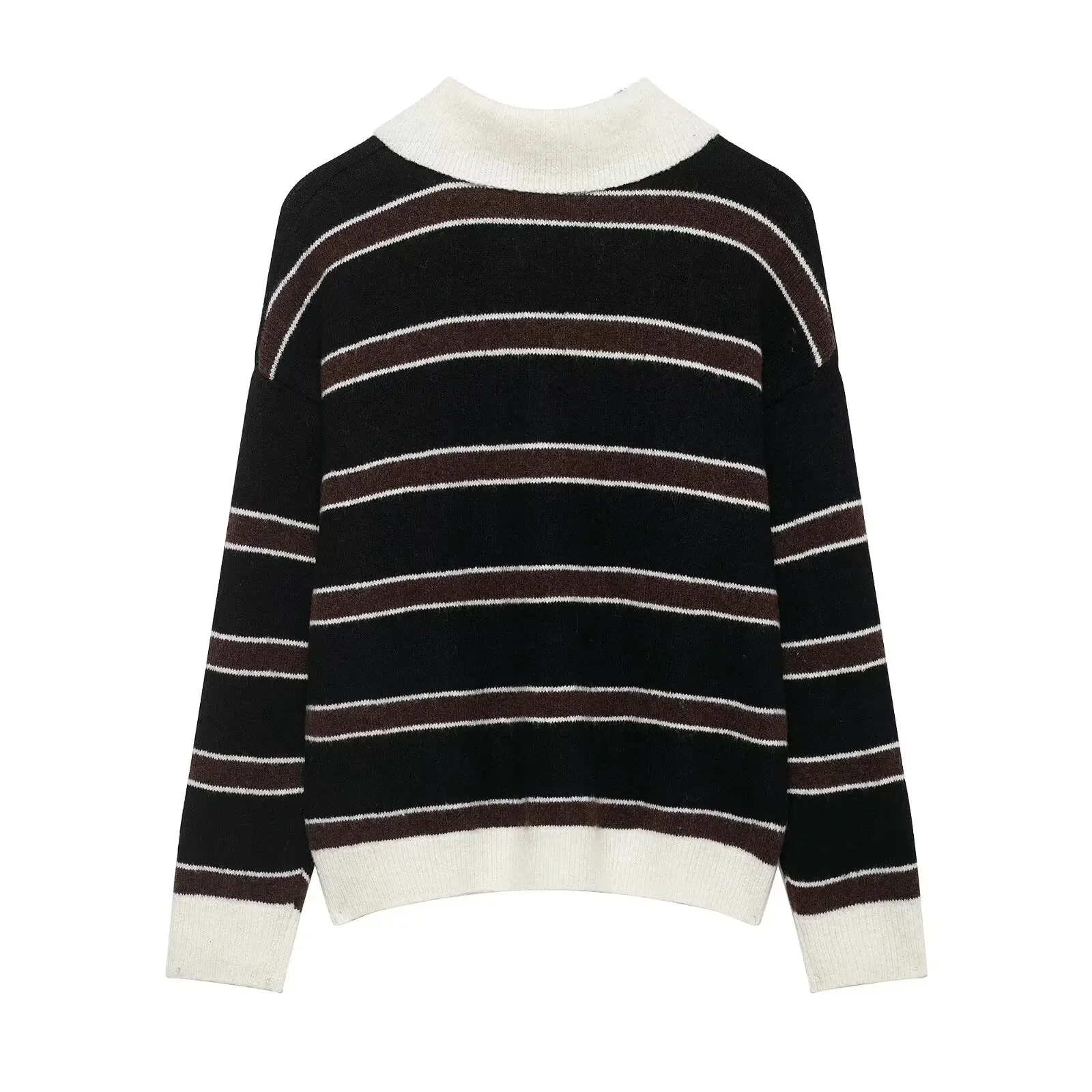 Bild 3: Neuer Modischer Damen Vielseitiger Einfacher Stil Gestreifter POLO-Kragen Strickpullover Street-Trend Basic Locker Sitzender Langarm-Pullover