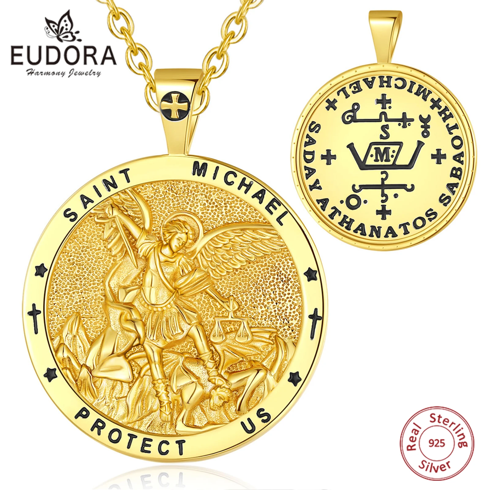 Eudora 925 Sterling Silver St.Michael Archangel Necklace for Men Women 18K Gold Michael Christian Pendant Religious Jewelry Gift