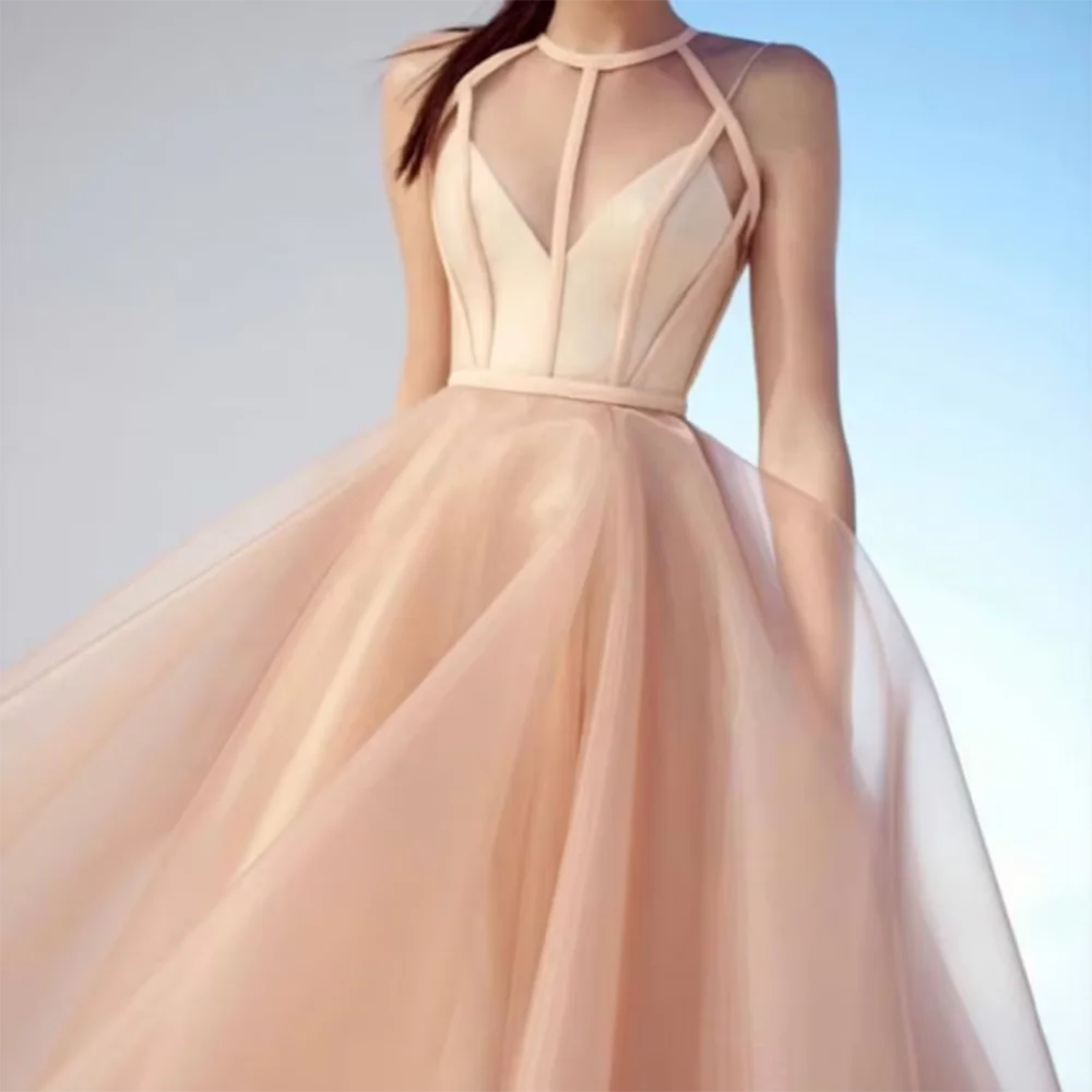 

Classy Champagne Women Prom Dresses Halter Tea Length Sleeveless Cut out Flower Sexy Sweet Women Banquet Party Ball Gowns
