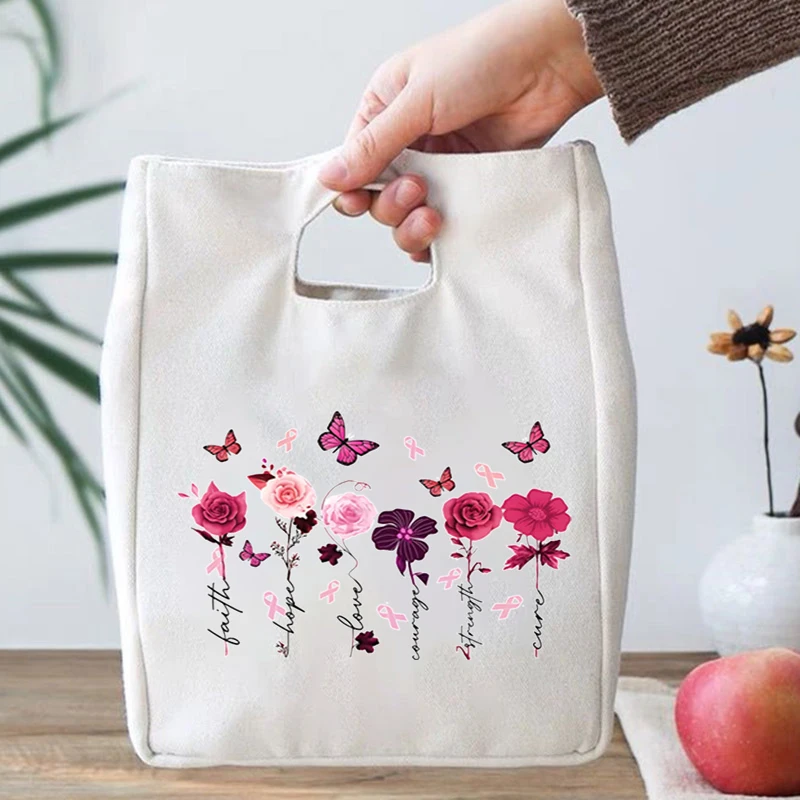 Butterfly Flower Pattern Designs Portable Lunch Bag Women Boho Flower Insulated Canvas Lunch Bag Students Lunch Picnic Food Bags