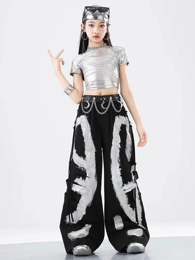 Hip Hop Mädchen Silber Kurzen Ärmeln Weste Lose Graffiti Hosen K-pop Kostüm Kind Streetwear Kinder Jazz Street Dance Kleidung set