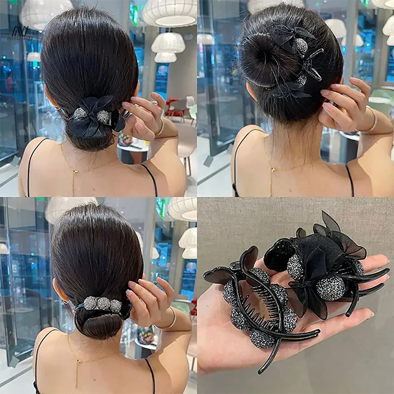 Pinzas para el pelo con lazo de diamantes de imitación para mujer, horquilla de bola de cristal, cabeza de albóndiga, herramientas de peinado del cabello fijas, accesorios para el cabello, Clip de cola de caballo