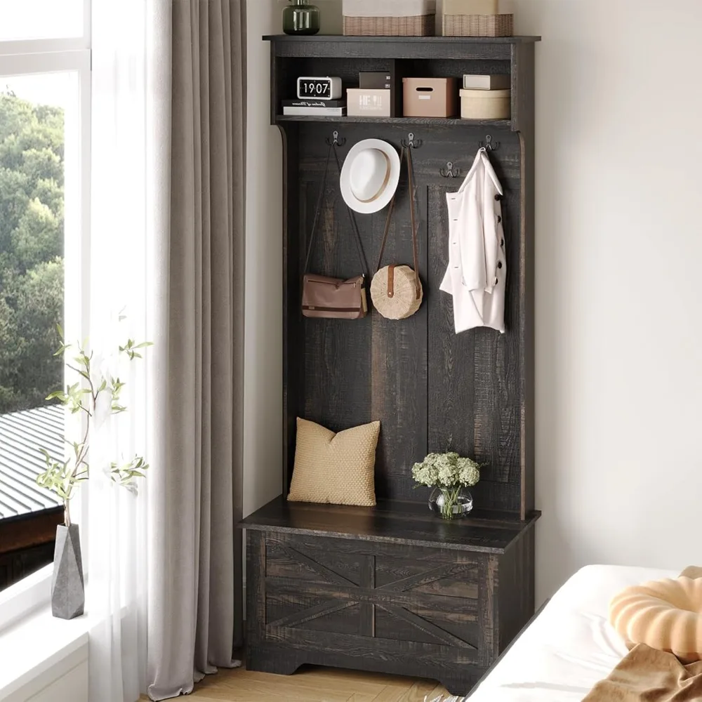 مقعد تخزين مع رف معطف وخزانة، منظم مدخل 71 بوصة، غرفة الطين 4 في 1 ومقعد وحل تخزين