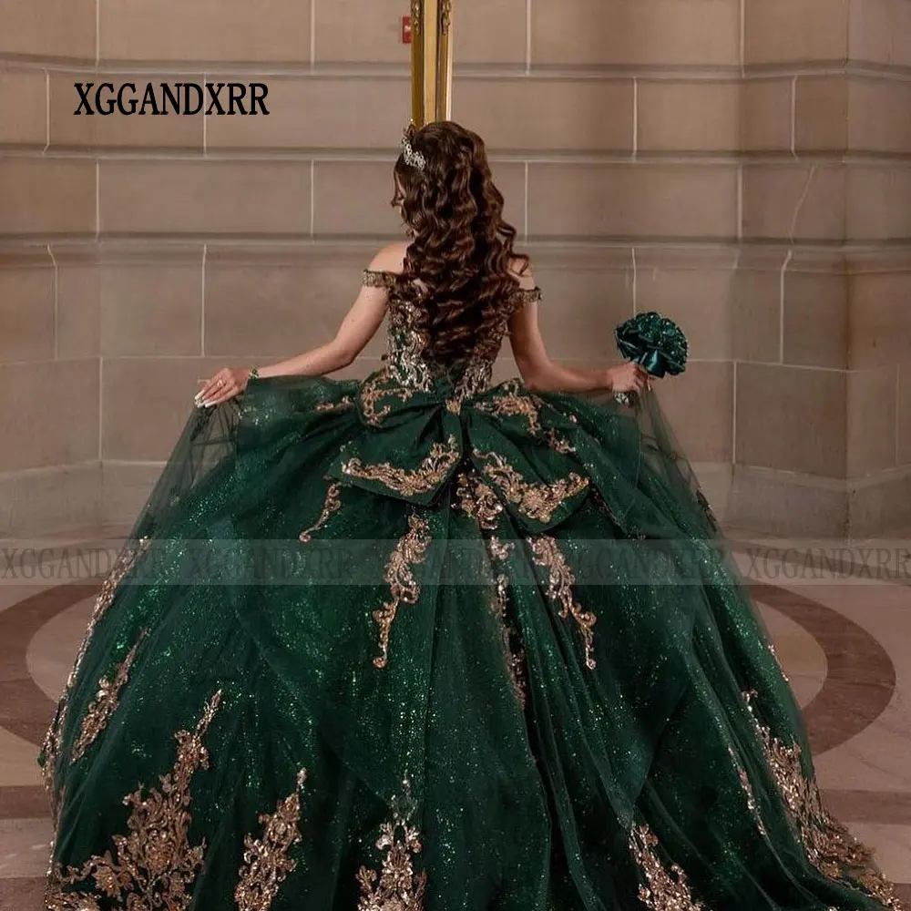 Emerald Green Quincenara Dress 2024 Bow Mexico Gold Lace Vestidos De 15 Años Quinceañera XV Brithday Sweet 16 Dresses Ball Gown