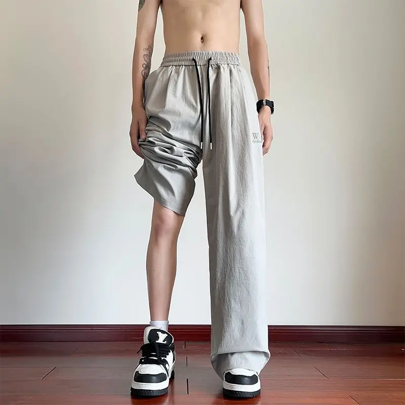 American Style Harajuku Summer Casual Pants Men's Ice Silk Thin Elastic Waist Pockets Drawstring Fashion Loose Wide Leg Trousers