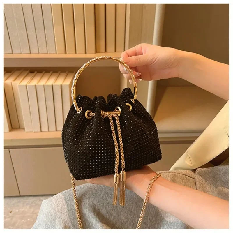 Women\'s Handbags Shoulder Candy Color Bucket Bag Round Handle Drawstring Crossbody Bags for Women Rhinestone Evening Bag Bolsa