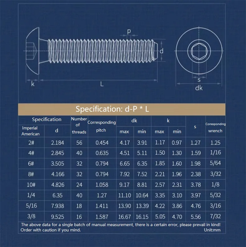 304 Stainless Steel UNC Hex Socket Button Head Cap Screw Round Allen Bolt 2#-56 to 3/8-16 Coarse Thread Machine Screw Fastener