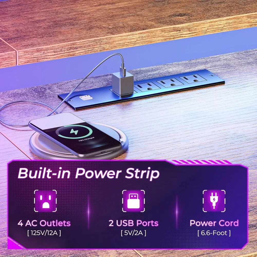 L Shaped Gaming Desk with Power Outlets & LED Lights, 66 Inch Computer Desk with Monitor Stand & Storage Shelf, Home Office Desk