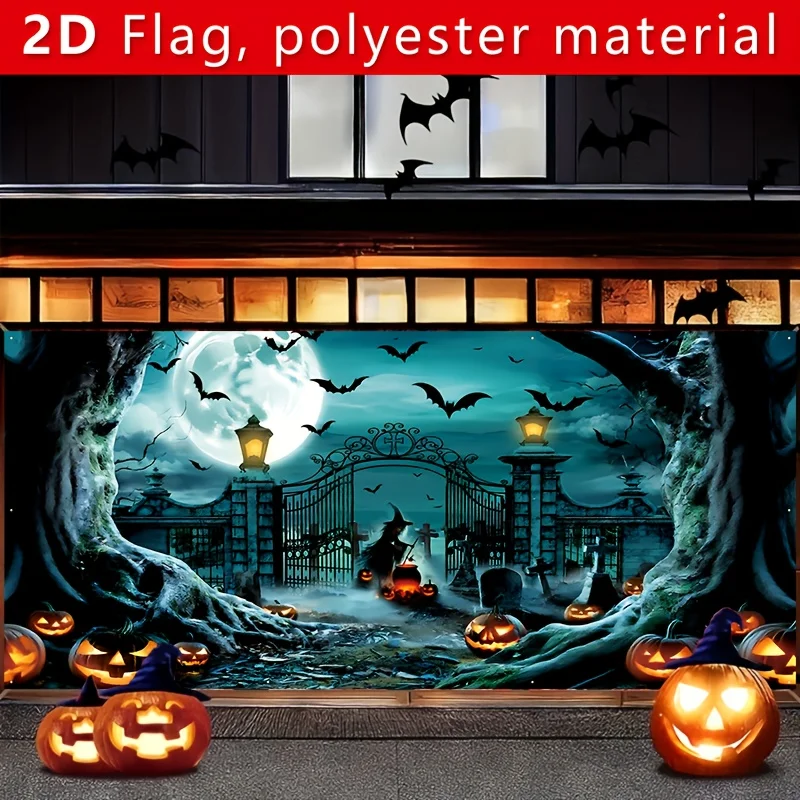 طائرة ثنائية الأبعاد، لافتة باب جراج كبيرة للهالوين - مشهد مقبرة رعب مع الخفافيش والسحرة وفوانيس اليقطين - ألياف البوليستر