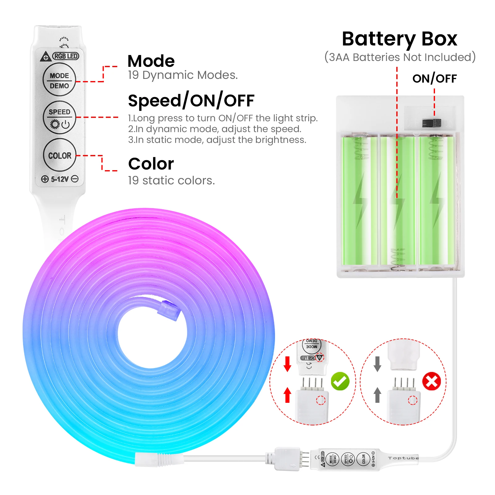 3AA Battery Box RGB Neon LED Strip Light 5V 108LEDs/M Waterproof Bluetooth APP Remote Control Flexible DIY Neon Sign Home Decor