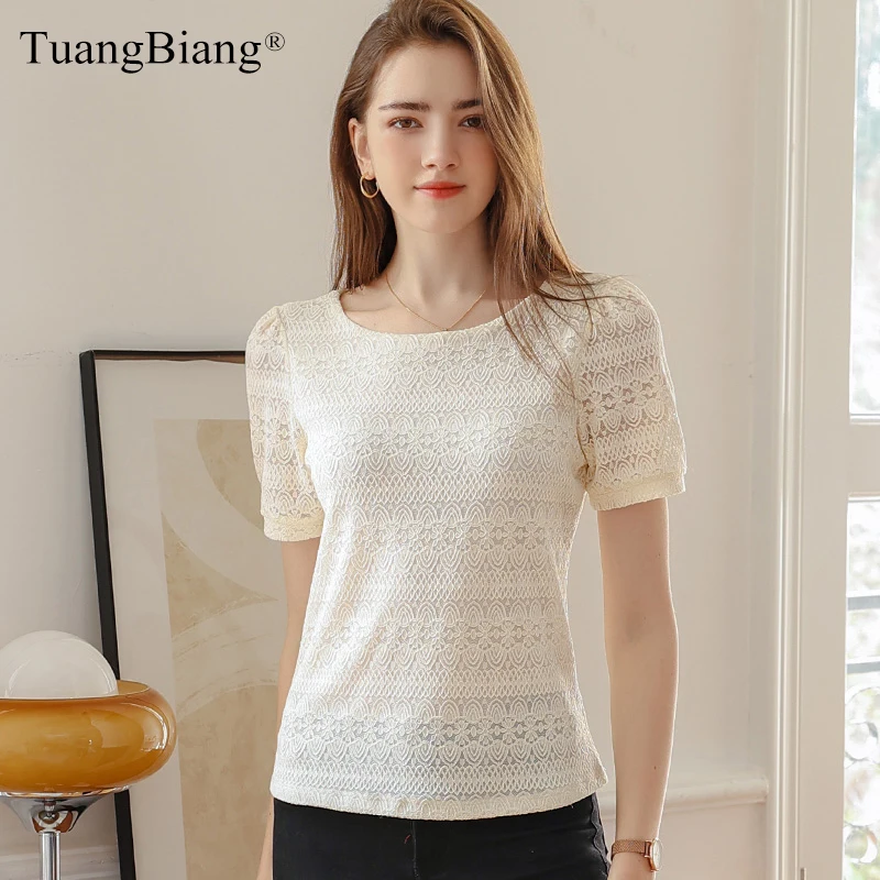 TuangBiang Summer 2023 Jacquard Lace O-Neck Short Sleeve Cotton T-Shirt Female Clothing Classic Apricot Tee Blue Hollow Out Tops