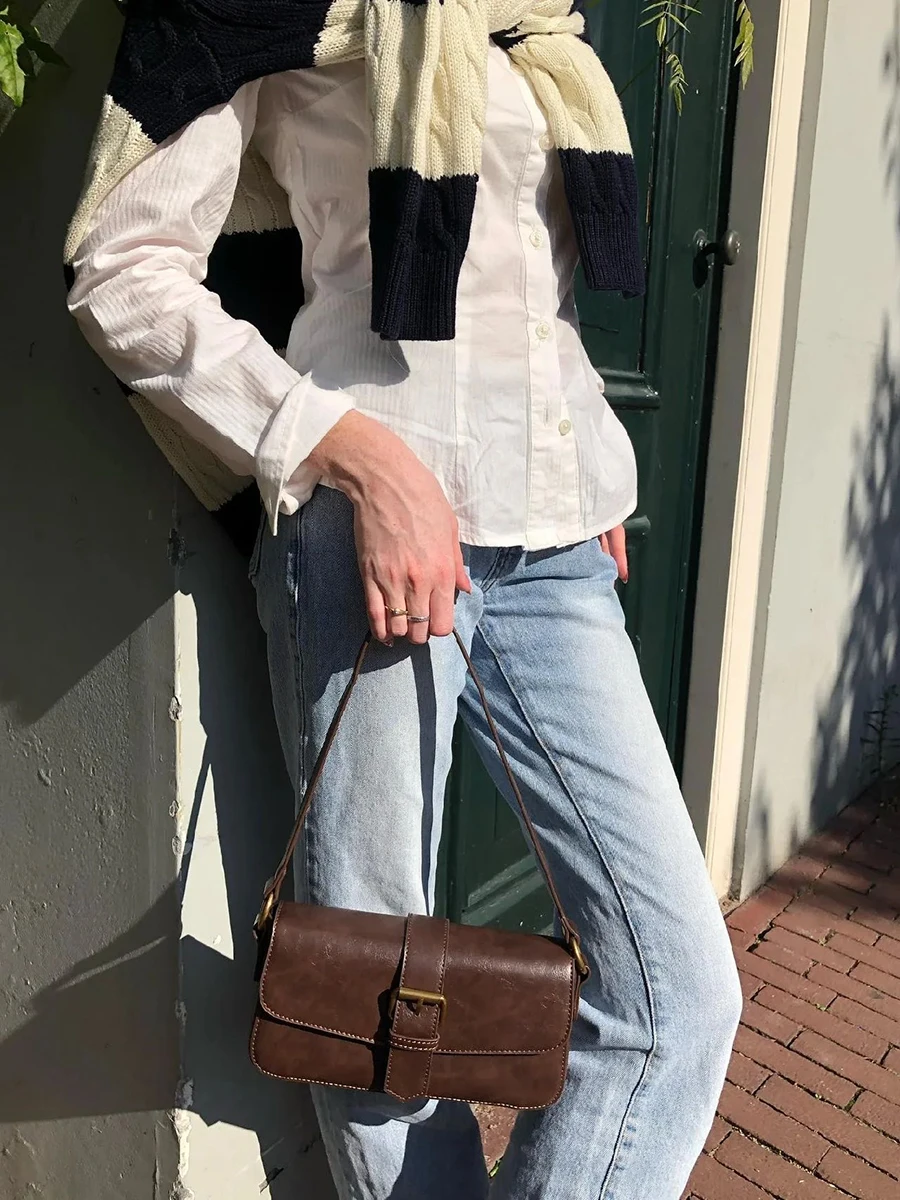 

2025 PU Shoulder Bags Women Four Season American Vintage Streetwear Fashion Preppy Style Sweet Handbags New Brown Buckle