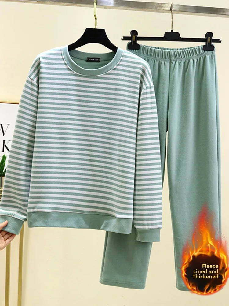 Women's Loose plus Size Sleepwear Set Double Sided Fleece Home Clothes T-Shirt Pants Outwear Comfortable Autumn Winter Home
