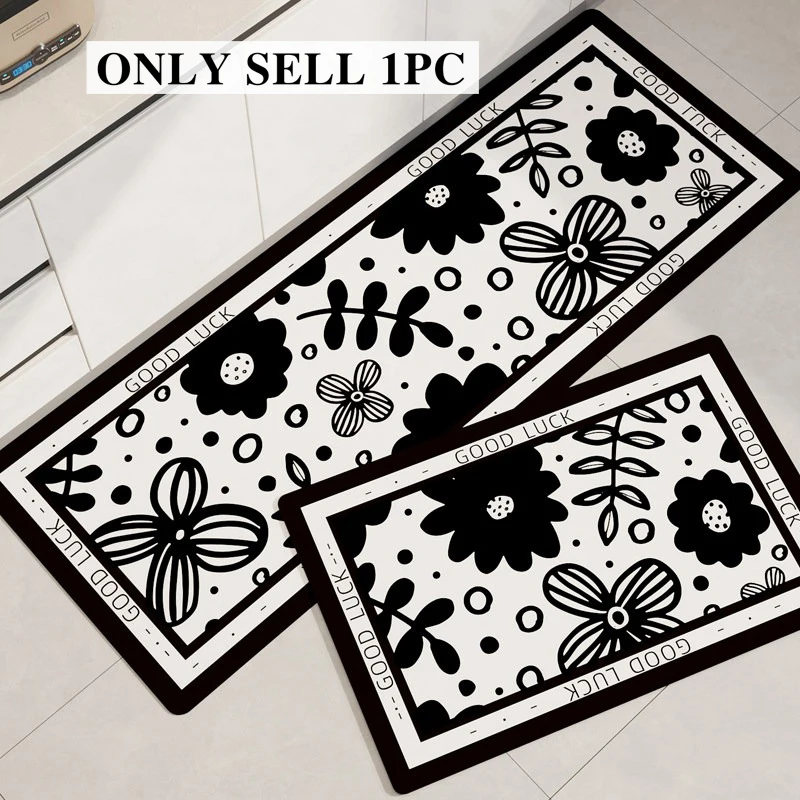 Kitchen Carpet Super Water Absorbent Floor Mat Long Non-slip Floot Mats Modern-styleBlack Floral-patterned Rug Home Decor Rugs