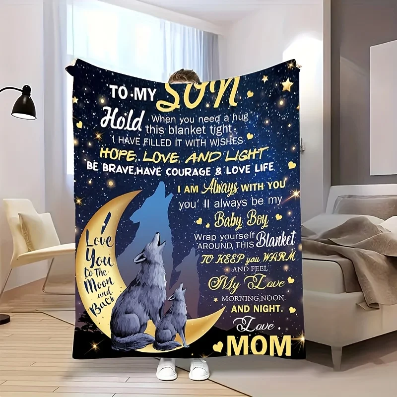 بطانية مريحة من الصوف الفانيلا للابن من أمي - "إلى ابني" عواء الذئب في تصميم القمر، ناعمة ودافئة، مثالية لجميع المواسم