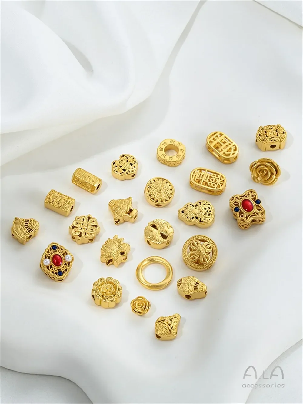 Long Lasting No Fade Vietnam Sand Gold Rose Lotus Ruyi Peace Blessing Bead, Back Cloud DIY Beaded Charm Beads C363
