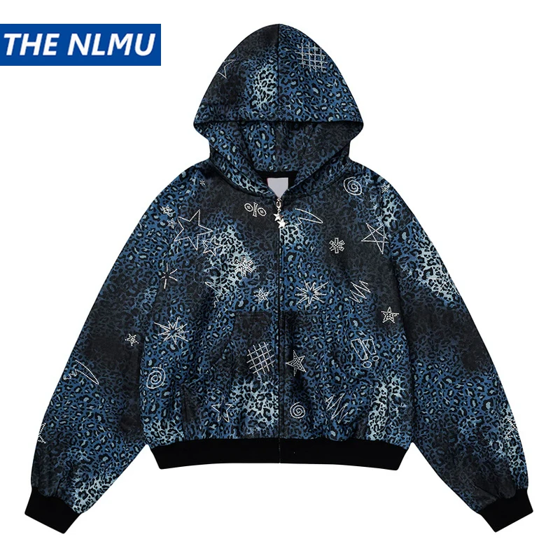 

Толстовка унисекс на молнии с леопардовым принтом, женская короткая укороченная толстовка со звездами и стразами, повседневная уличная мода