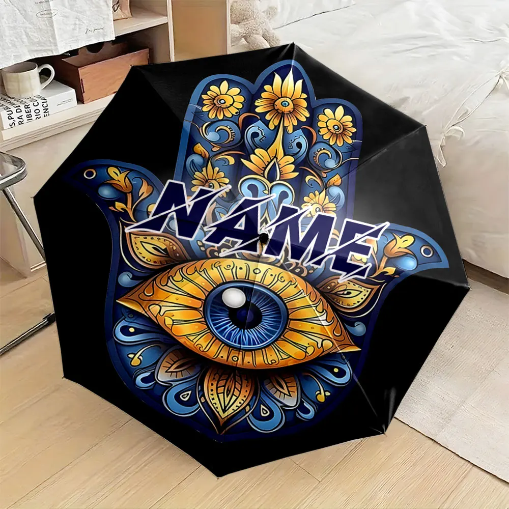 Custom Name Umbrella, Stylish Hamsa Hand with Eye and Floral Design Umbrella Print Folding Umbrella for Sunny and Rainy,Gift