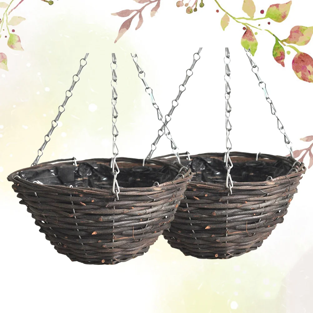 

2 PCS Plant Rattan Flower Pot Planting Basket Arrangement Hanging Metallic Line Flowerpot Black Miss