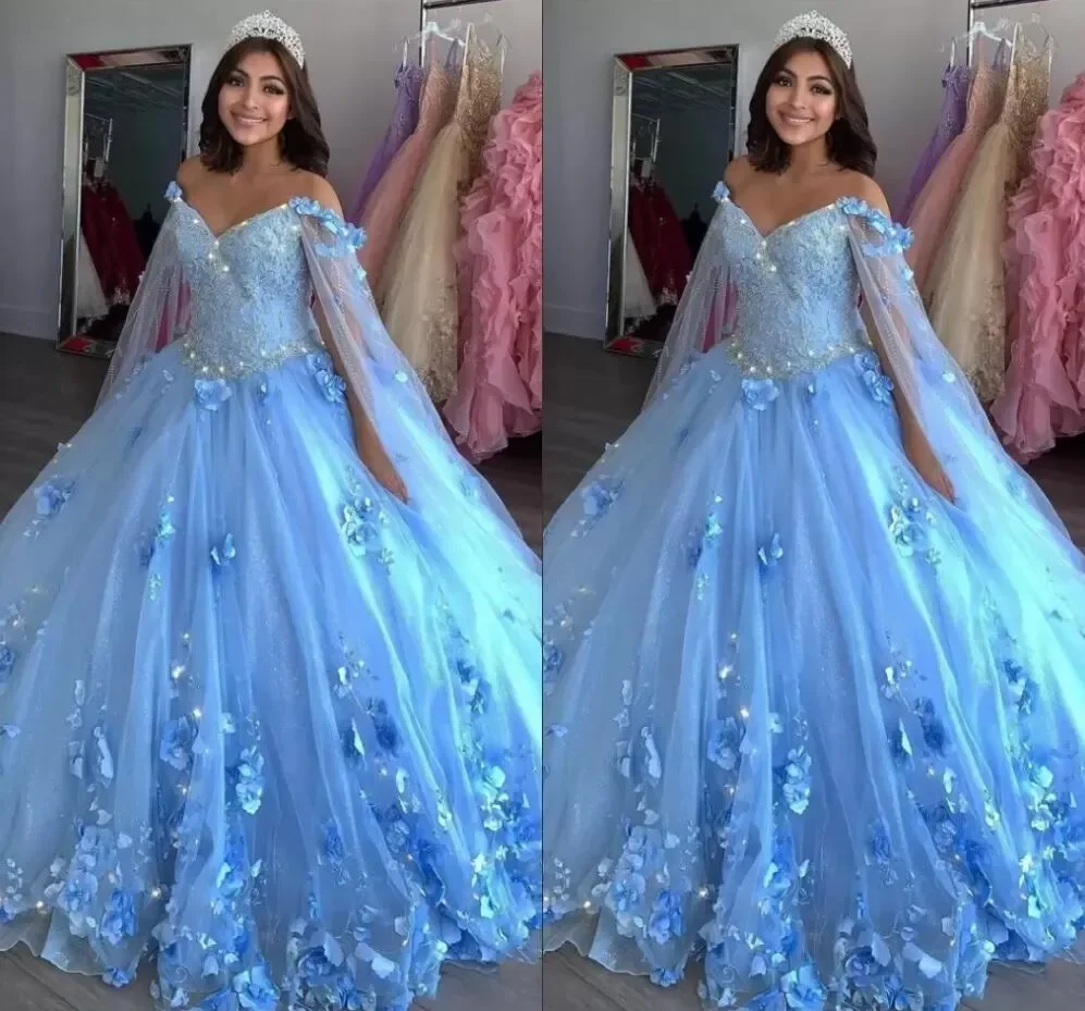 فستان كرة بلون أزرق فاتح بألوان زاهية من الزهور ، فستان رائع مزين بالخرز من Vestidos De Quinceanera ، فستان للحفلات الراقصة مع أغطية