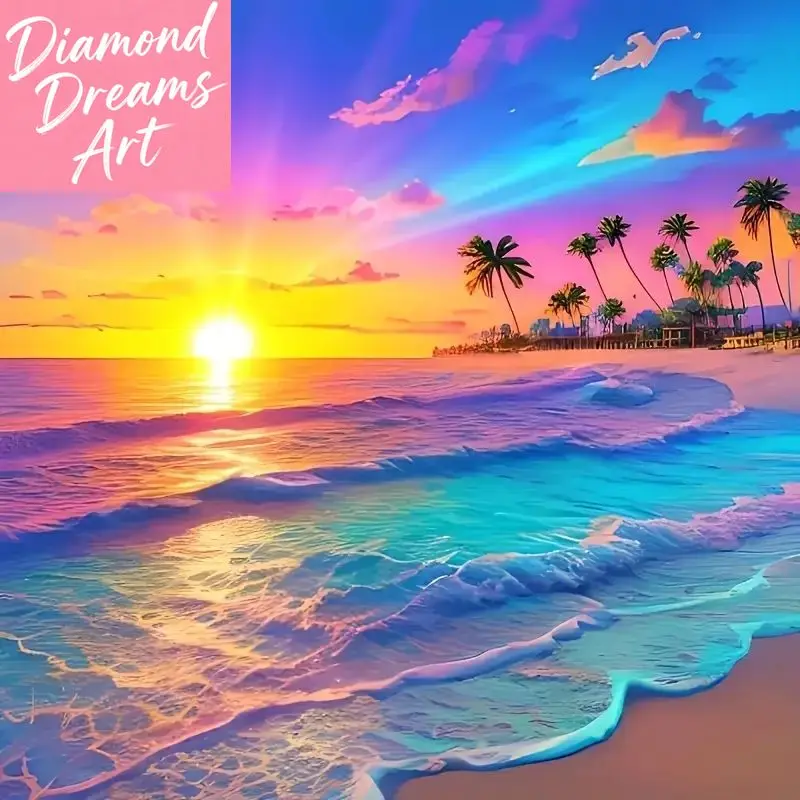 

Frameless, Sunset Beach Scenery Diamond Painting Kit 5D Diy Home Decoration Beginners and Adults Round Full Diamond Canvas Art
