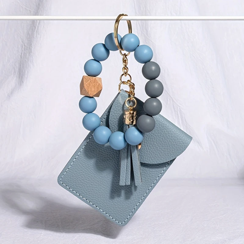 Silicone Bead Bracelet Solid Leather Card Bag Wristlet Keychain Silicone Beaded Bracelet Leather Tassel Wallet Bangle Card Case