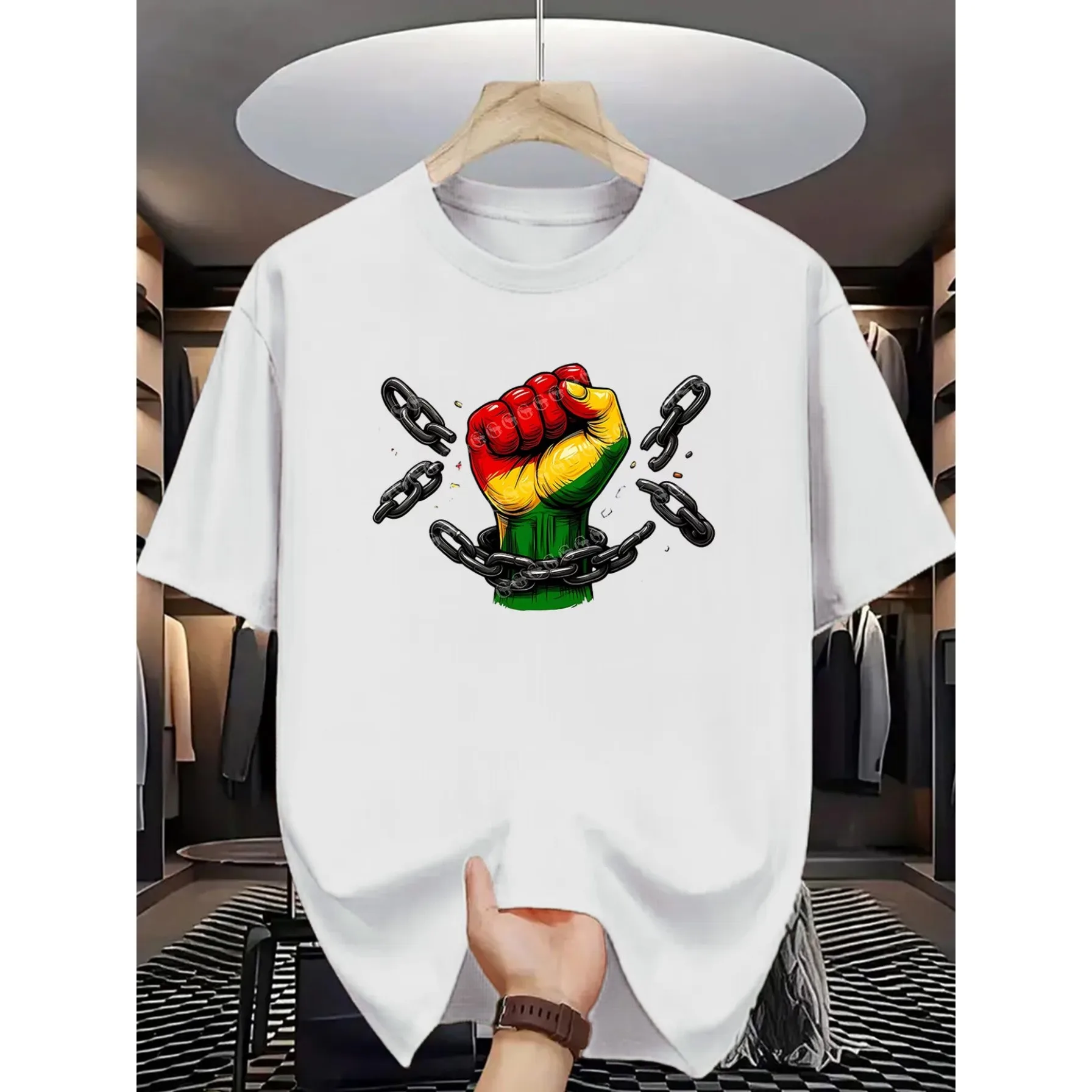 T-shirt graphique « Main levée brisant les chaînes » pour homme, en coton respirant, manches courtes, unité, solidarité, t-shirt à porter au quotidien