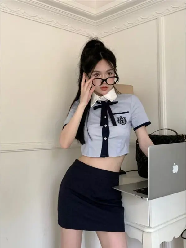 Korean College Style Jk Uniform Set Short Blue Shirt Women Summer  Skirt Sweet And Spicy Girl Short Top Student Workwear view 2
