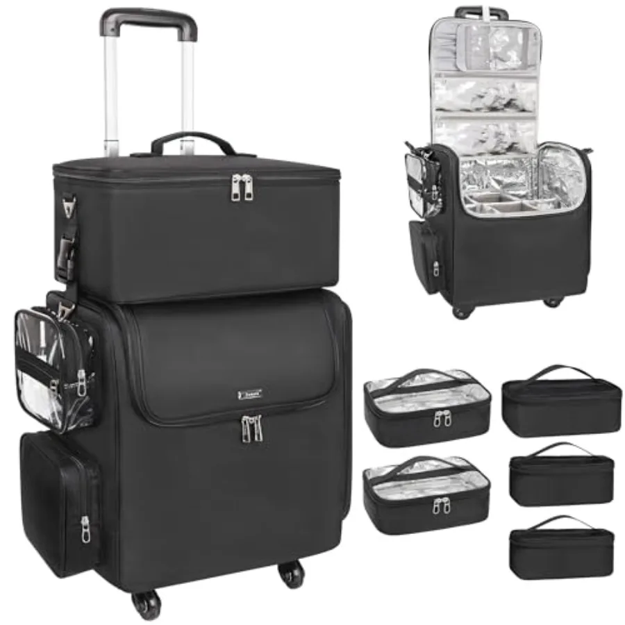 

Rolling Makeup Train Case with Large Makeup Case Hairstylist Traveling Bags with 5 Small Clear Bags Cosmetology Case on Wheels