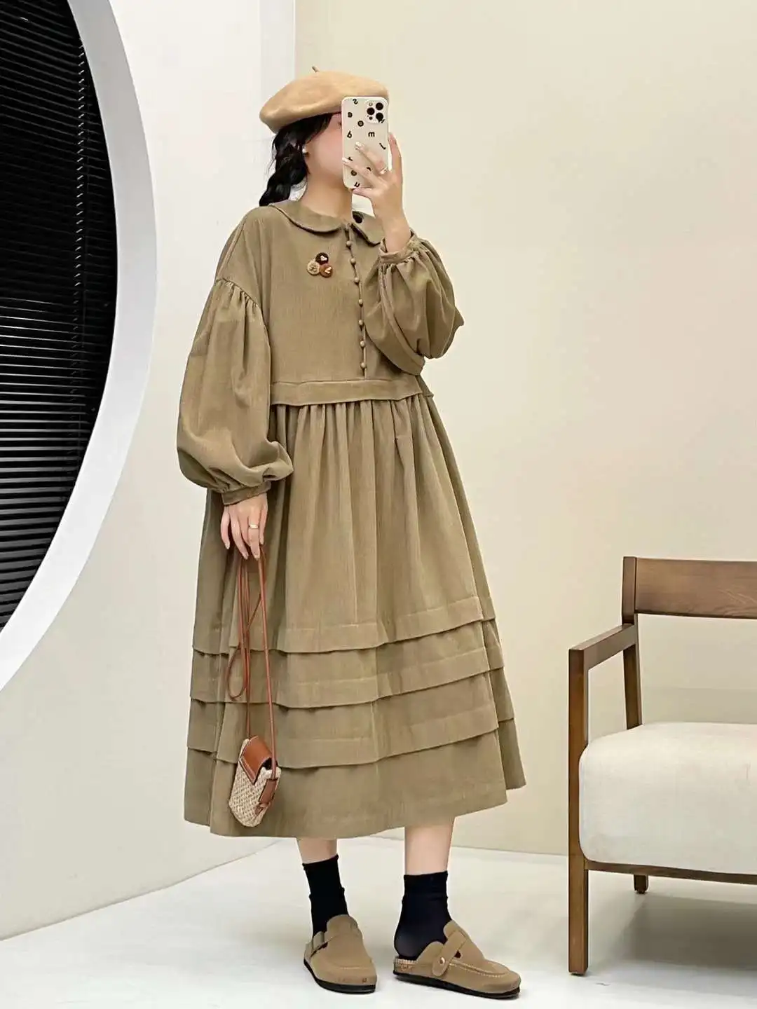 New Autumn Corduroy Long Sleeve Dresses, Women Peter Pan Collar Ruffles, Mori Girl Retro Sweet Loose Dress, 2024 Winter D4N716CC