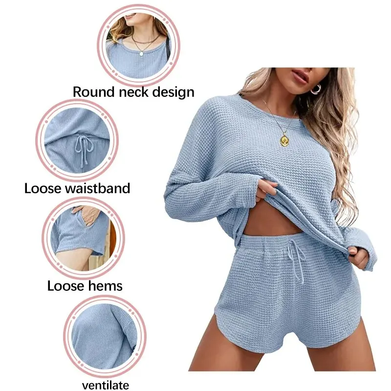 Women\'s Waffle Knit Pajama Set Homewear Sportswear Long Sleeve Top And Shorts Matching Casual Set Loungewear Sportswear With Poc